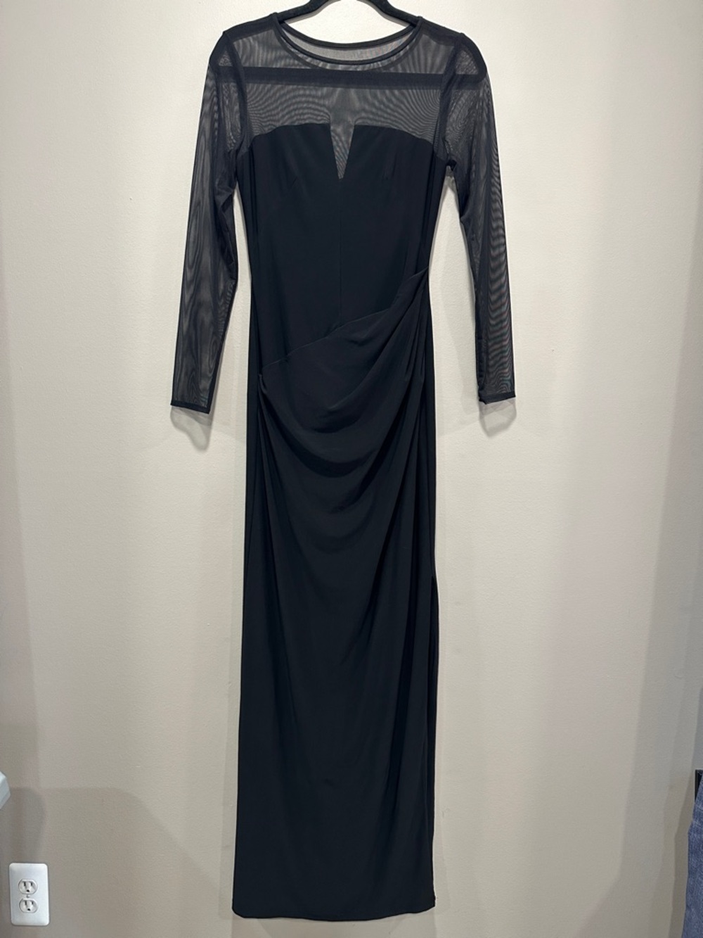 Lauren Ralph Lauren Black Illusion Mesh Evening Gown - Long Sleeve Ruched Maxi